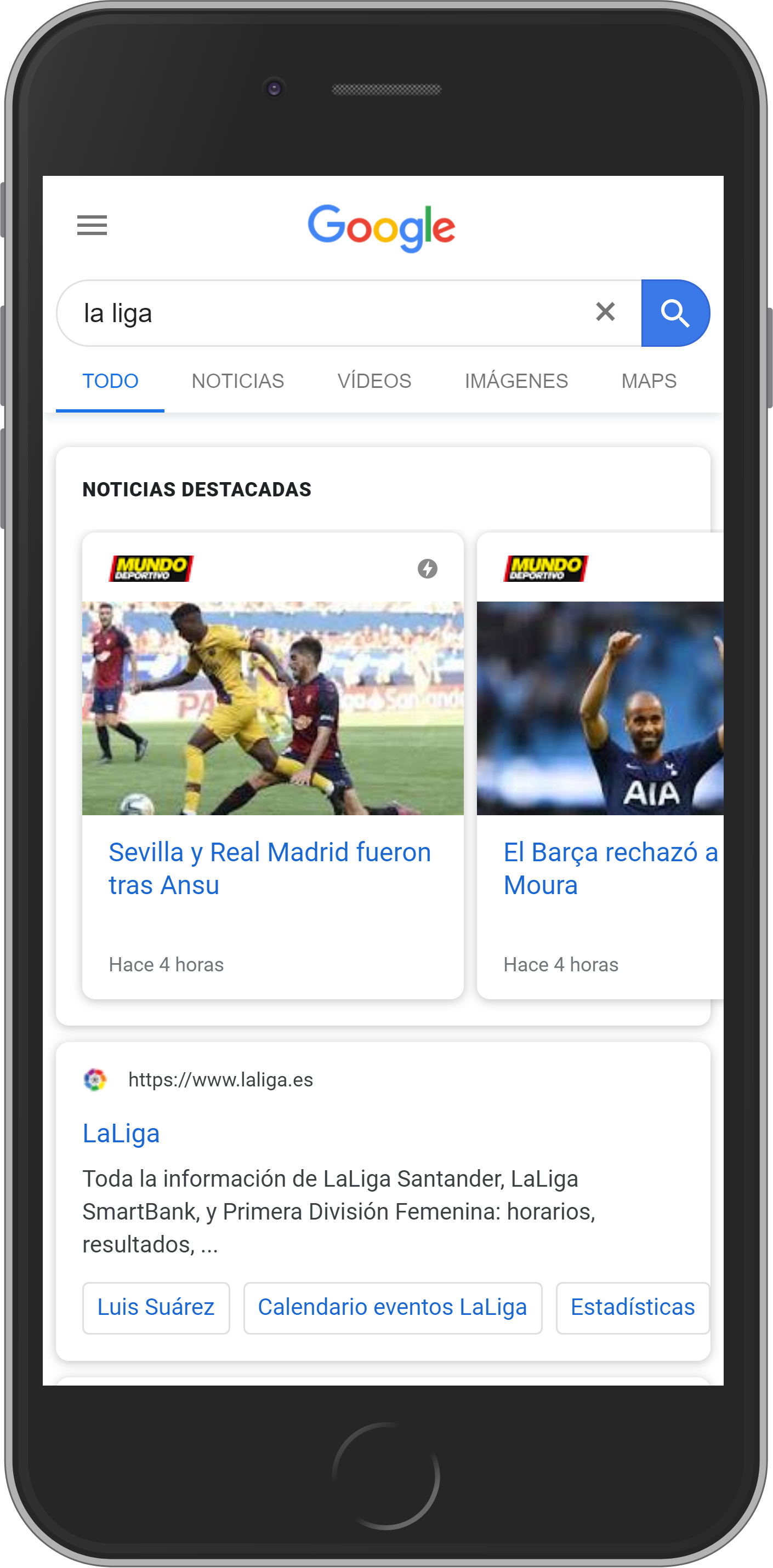 Google noticias como resultado de la búsqueda de La Liga en smartphone