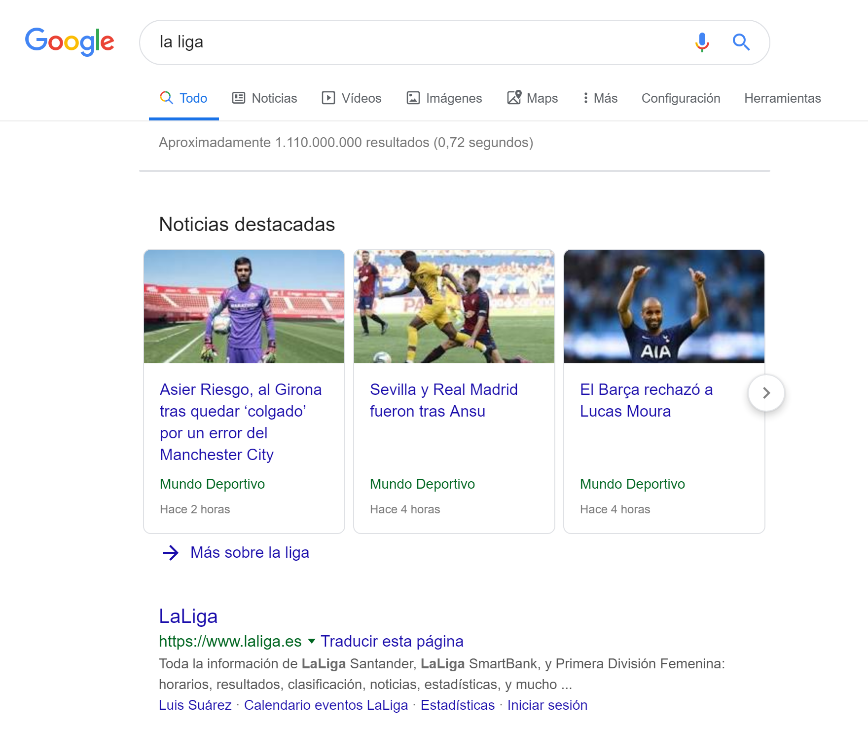 "Google noticias" como resultado de la búsqueda de "La Liga" en escritorio