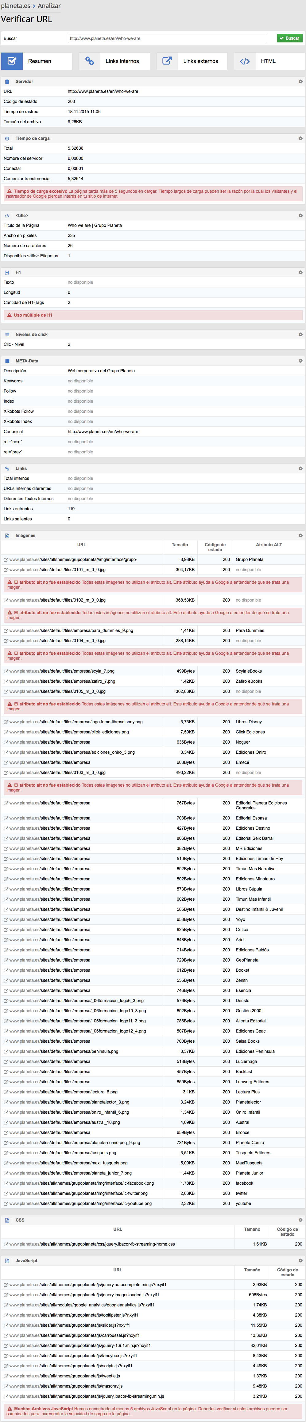 Información completa sobre un documento HTML