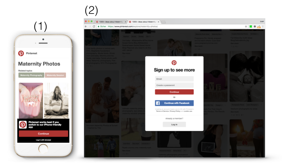 Comparativa de la misma URL de Pinterest.com para Smartphone (1) y Desktop (2)