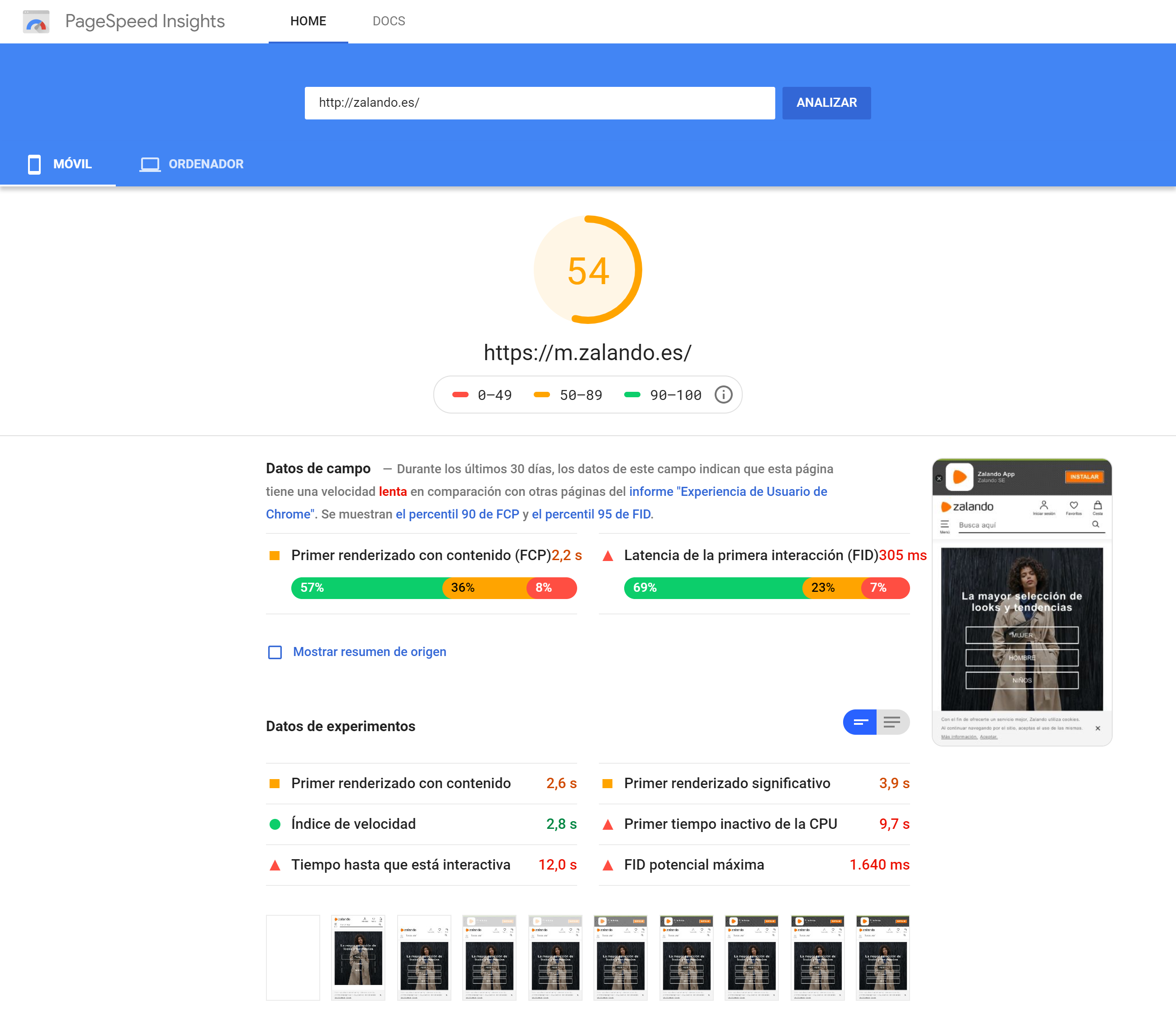 PageSpeed Insights de Google para el dominio zalando.es