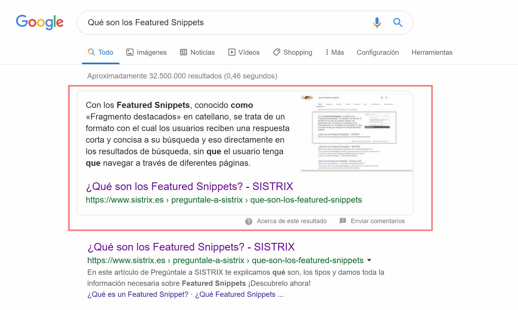 Resultado de búsqueda en Google con integración de un Featured Snippet