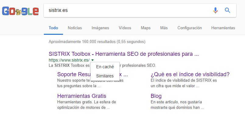 posicionamiento de la búsqueda en "caché" de Google para un dominio en los SERPs de Google