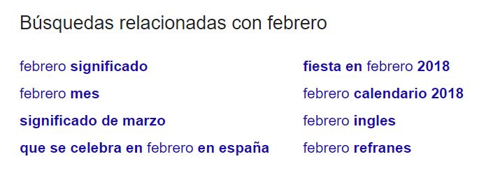 El cuadro "Búsquedas relacionadas con febrero" al final de la página de resultados de búsqueda contiene enlaces bastante diferentes en comparación con el resultado original.