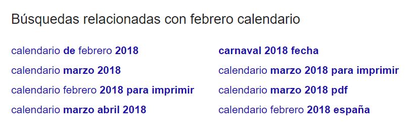 Búsquedas similares a la frase de búsqueda "calendario febrero" en la parte inferior de la página de resultados de búsqueda.