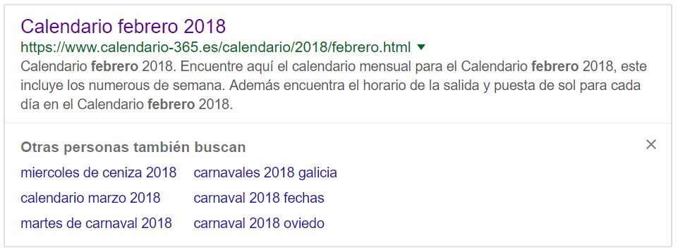 Búsqueda de la palabra clave "Febrero" y al volver a las SERPs, Google creará un Short Click Box en el resultado con fiestas diferentes (Carnavales o miércoles de ceniza) y obtendrás diferentes enlaces