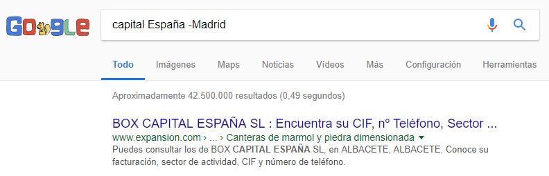 uso de "menos (-)" en la búsqueda de Google