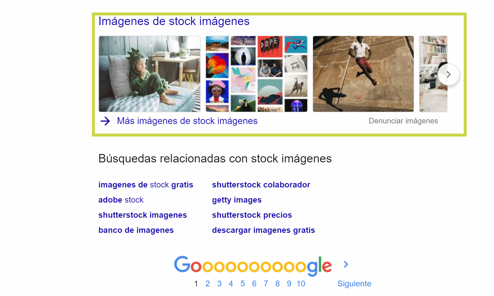 Imágenes de universal search tras realizar la búsqueda Stock imágenes en Google.es