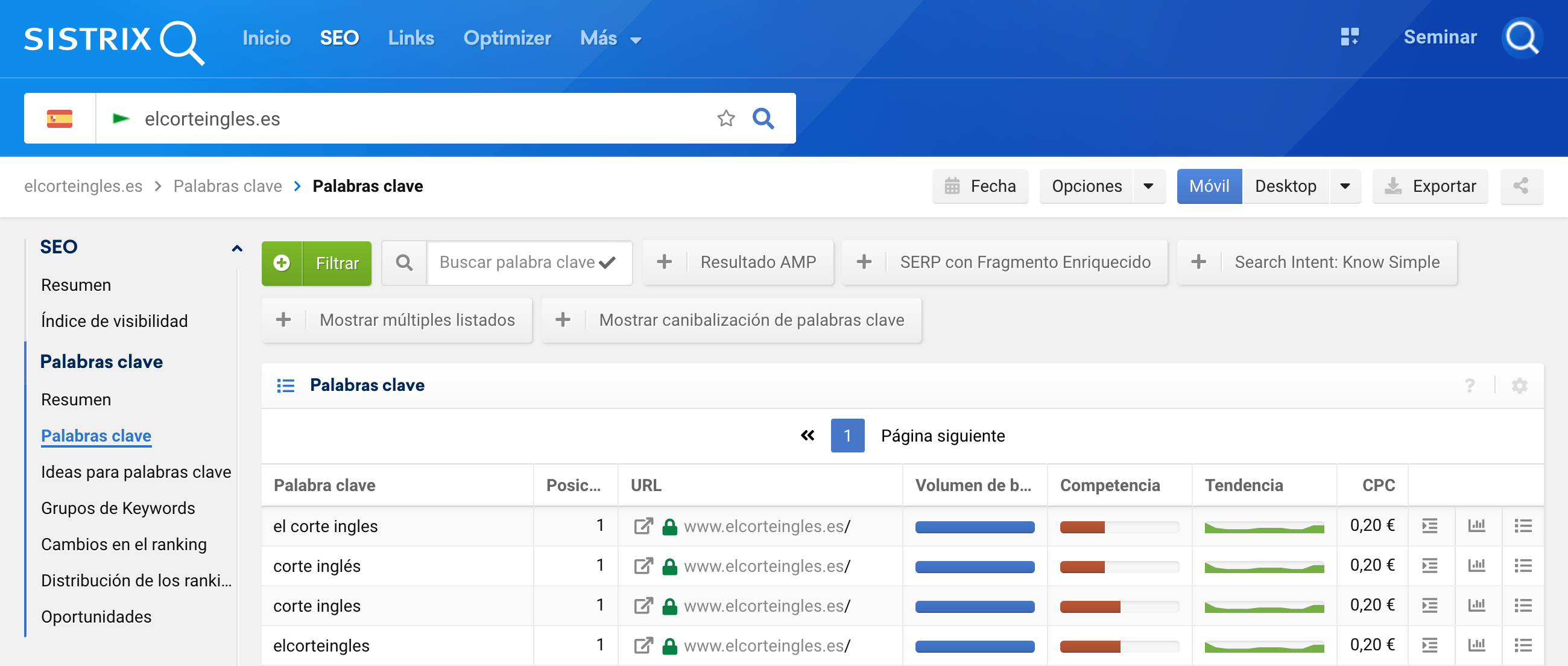 pasos para filtrar palabras clave con expresiones regulares en SISTRIX