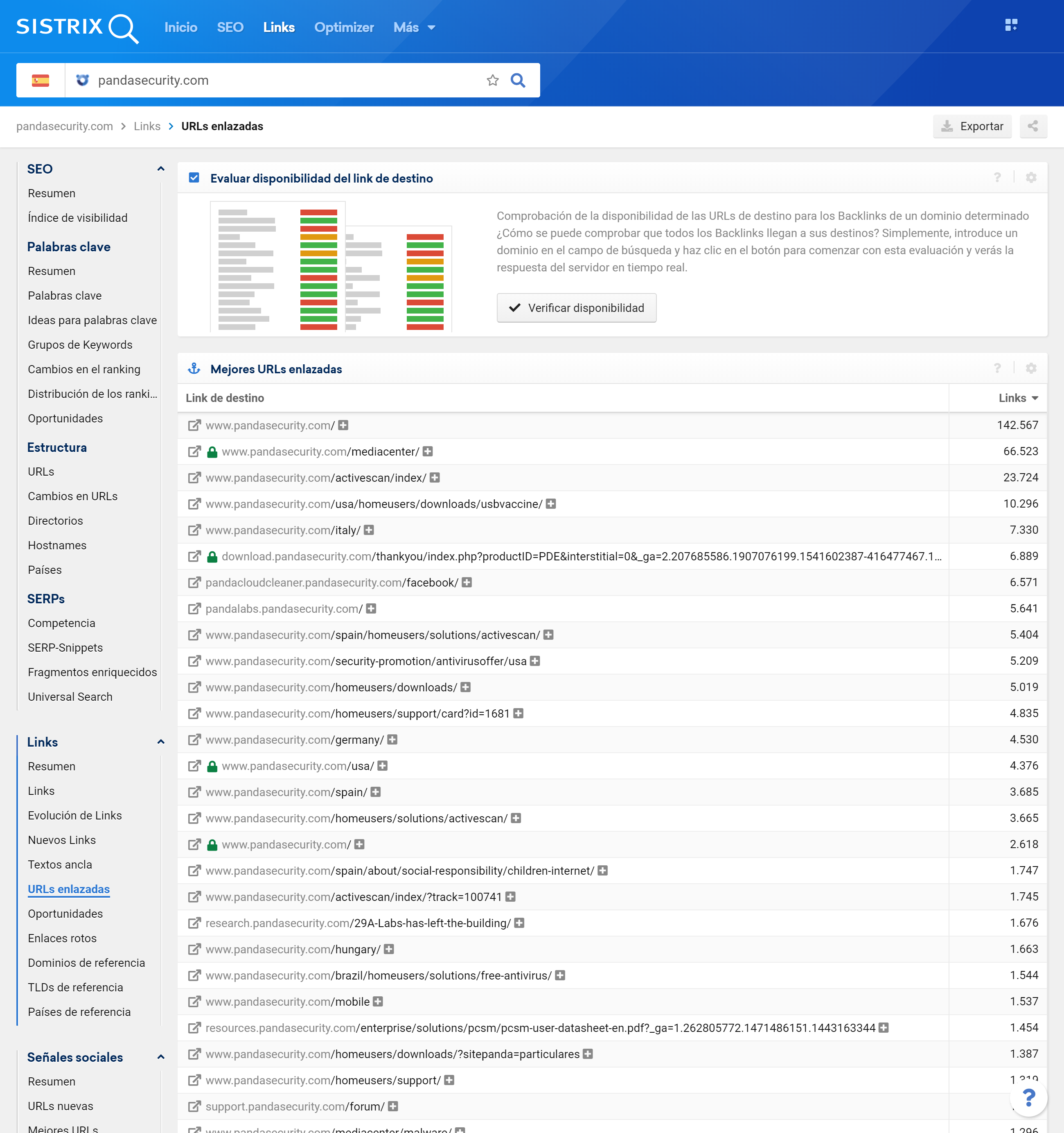 Página resumen de todas las URLs enlazadas y el número de links por URL obtenidos del dominio pandasecurity.com en la herramienta SISTRIX