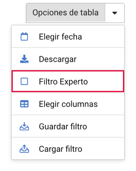 Opciones de la tabla. Elección de Filtro Experto en SISTRIX