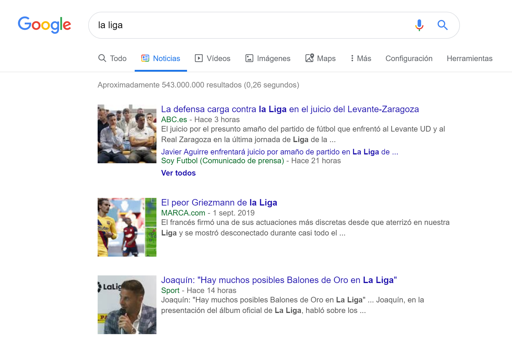 Pestaña "Noticias" en Google.es para la búsqueda de la palabra clave "La Liga" en la versión escritorio. 