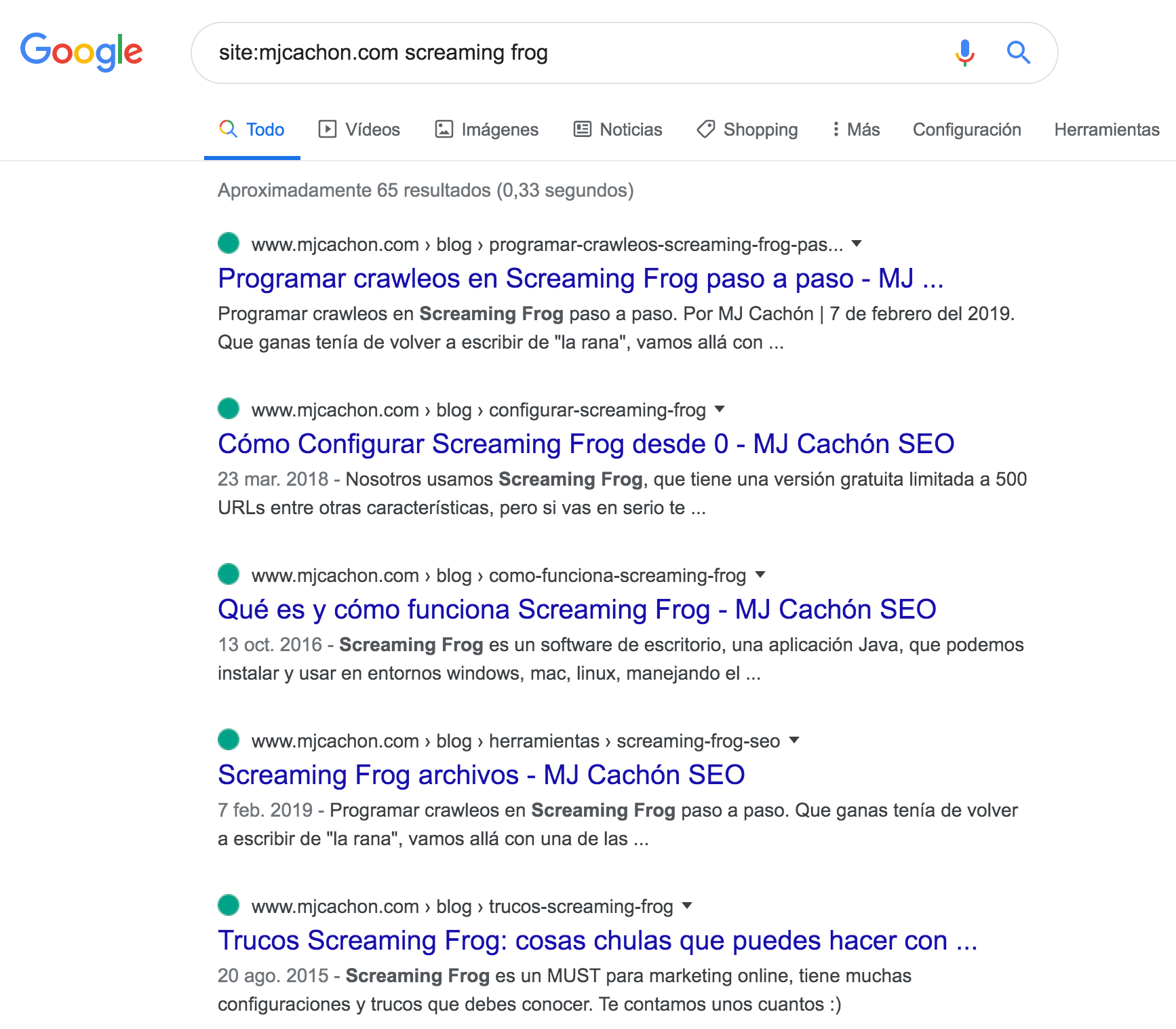 SERPs de Google para el comando site:mjcachon.com y la búsqueda screaming frog