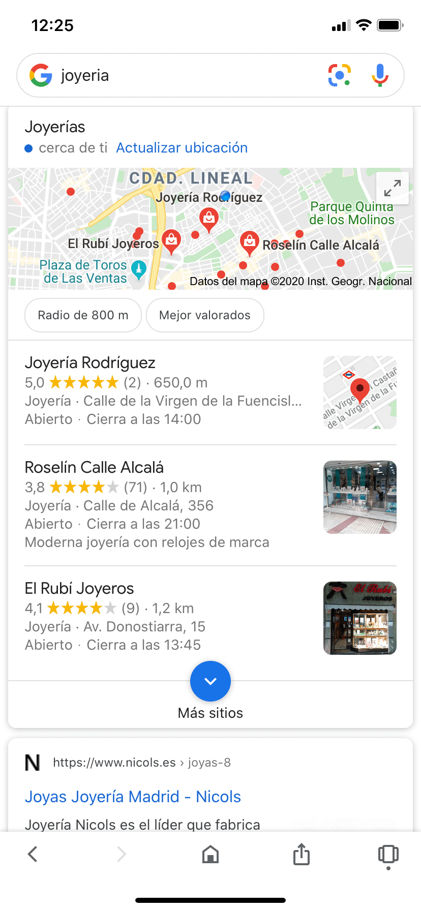 Resultados en las SERPs móviles de la palabra "joyeria"