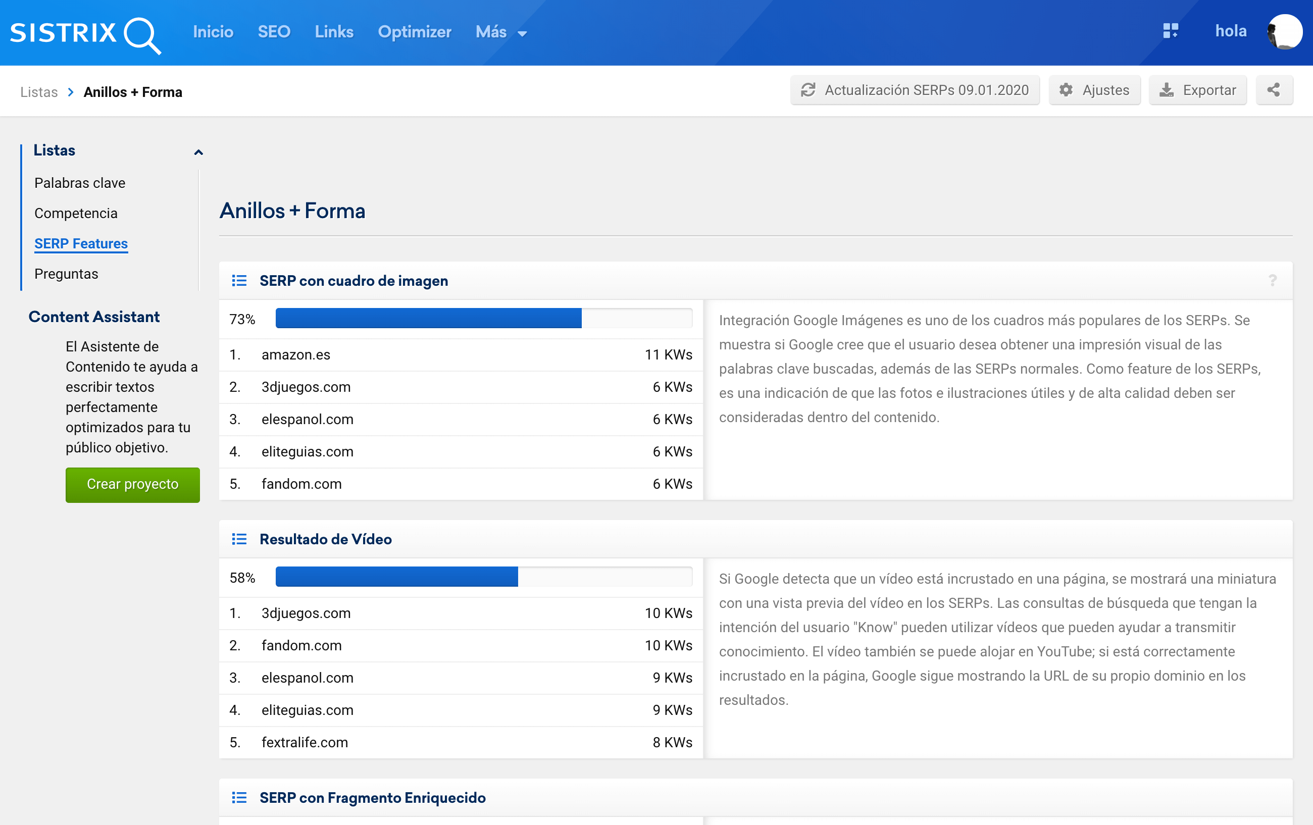 Lista de características de SERPs que tienen las keywords analizadas