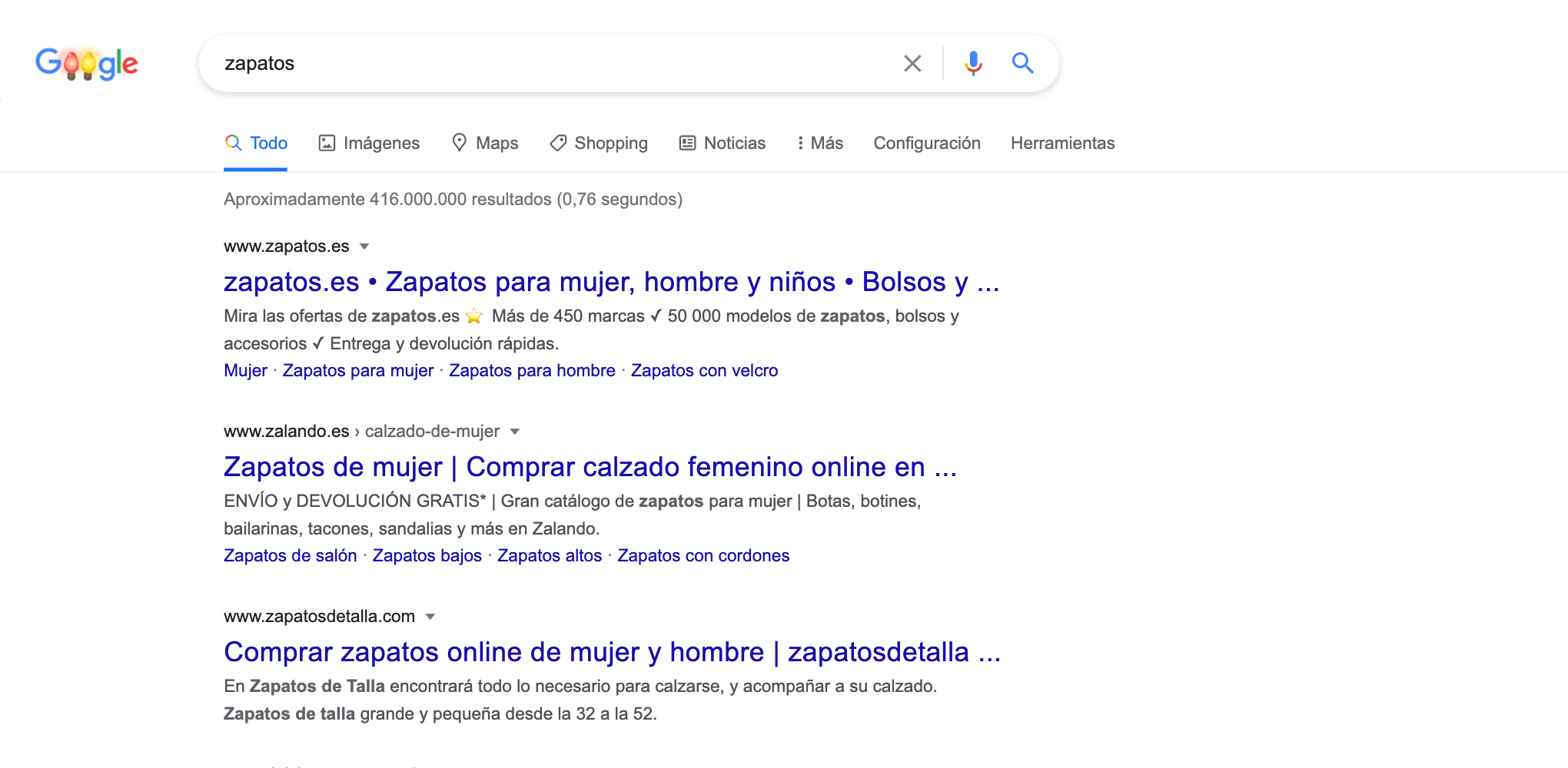 Para la búsqueda "zapatos" existe un resultado orgánico (el dominio de palabra clave "zapatodetalla.com")