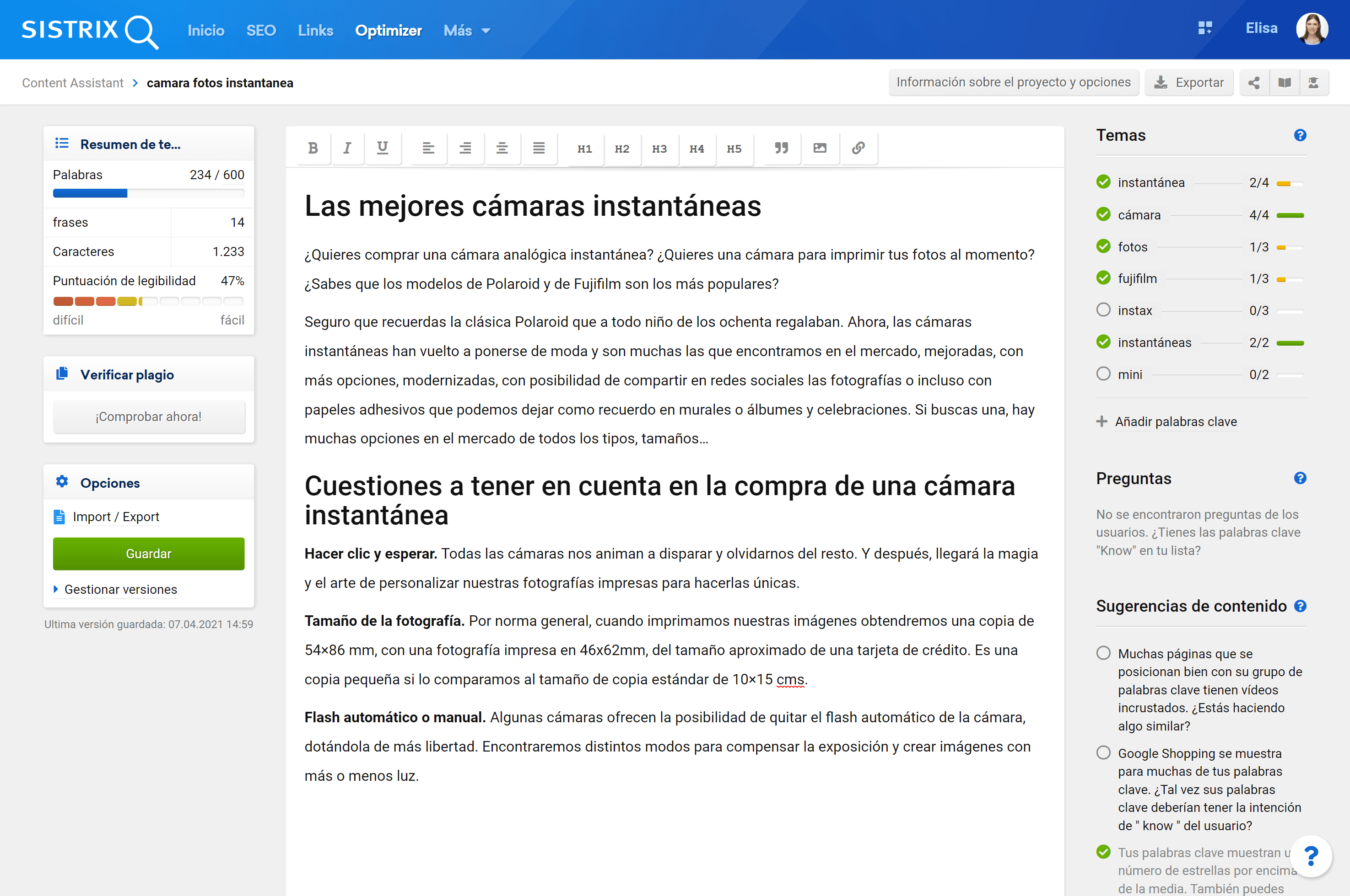 Pagina de inicio de la herramienta Content Assistant de SISTRIX