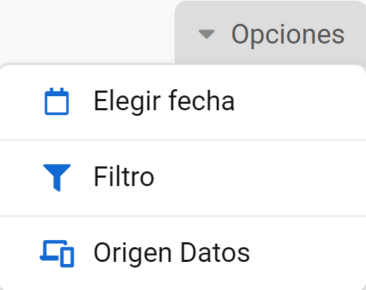 opciones de filtro: elegir fecha, filtro, origen datos