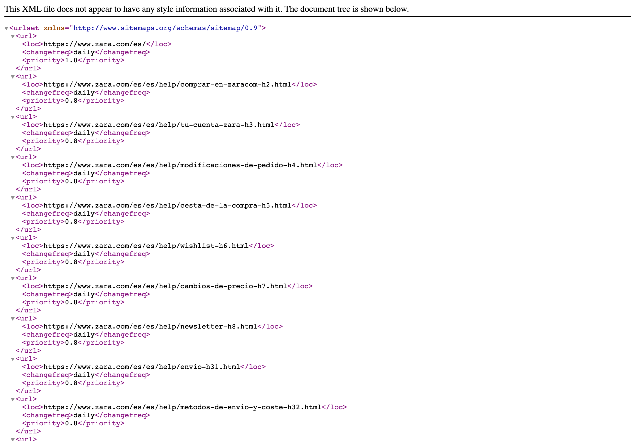 Sitemap XML (Ejemplo Zara)
