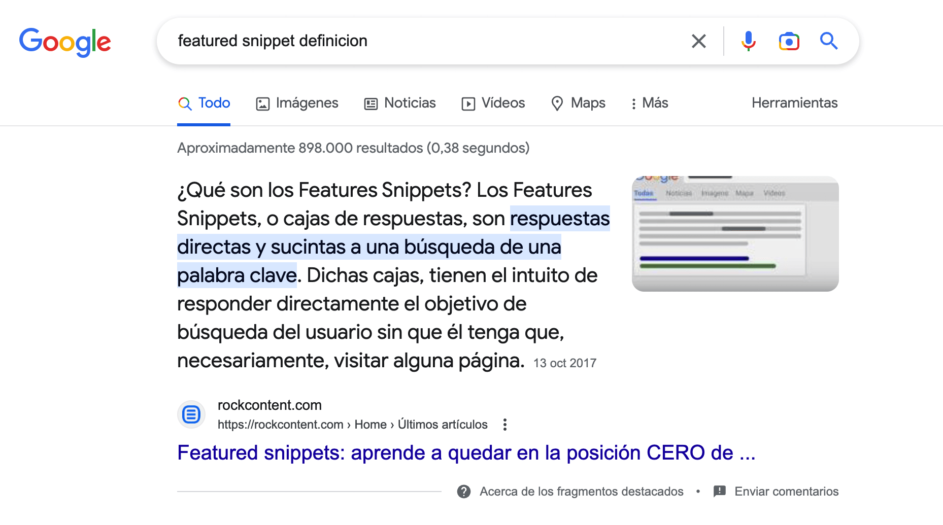 Featured Snippet mostrado por Google en los resultados de búsqueda