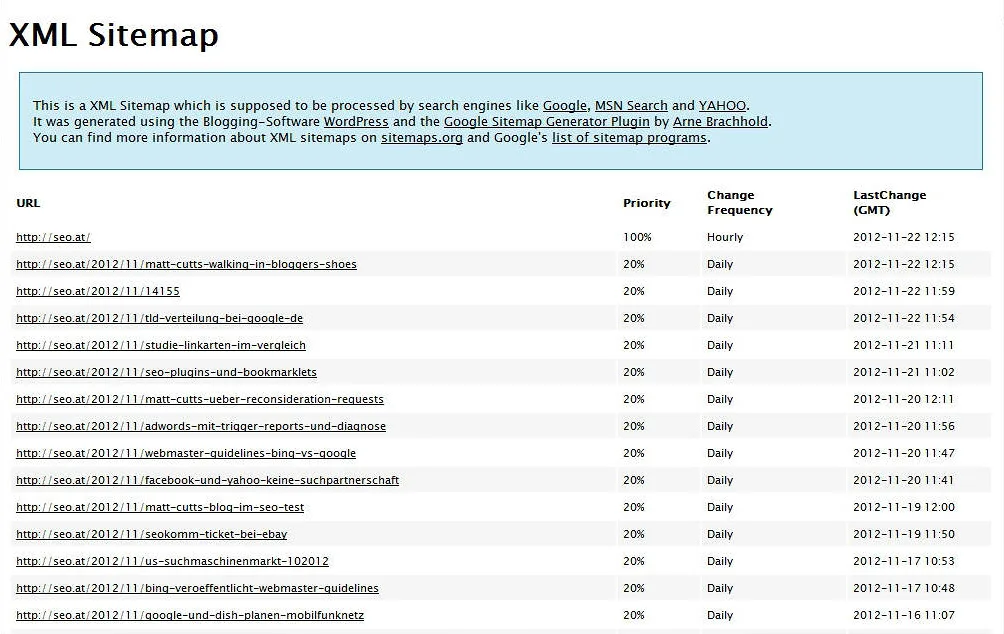 El sitemap.xml del dominio "seo.at" abierto en el navegador
