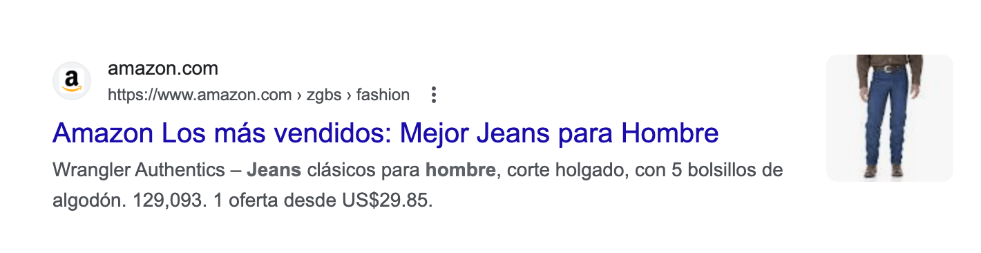Ejemplo de mejores prácticas: Title Tag (Amazon.com) mejor jeans para hombre
