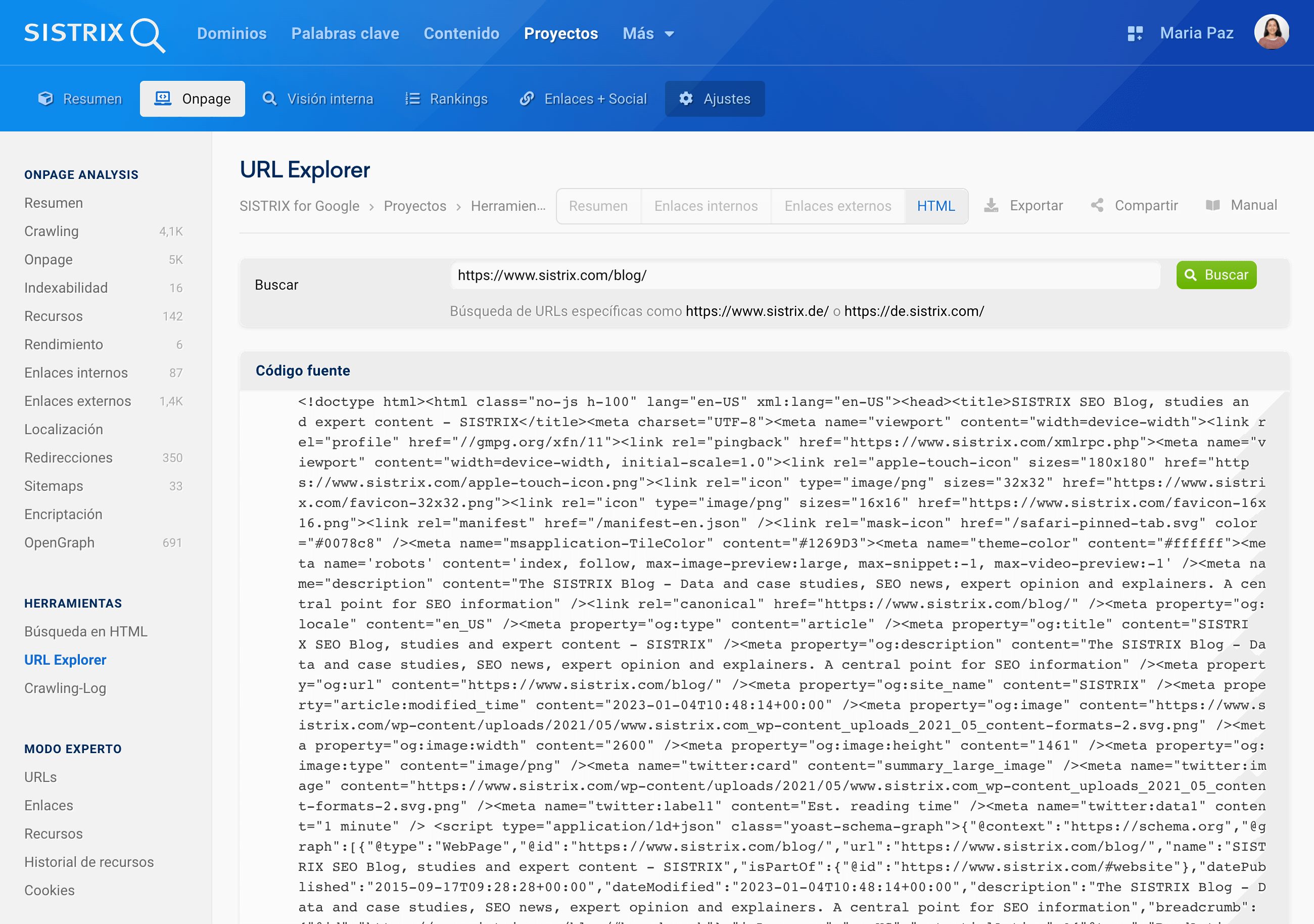 Apartado HTML de la función "URL Explorer" "https://www.sistrix.com/blog/"