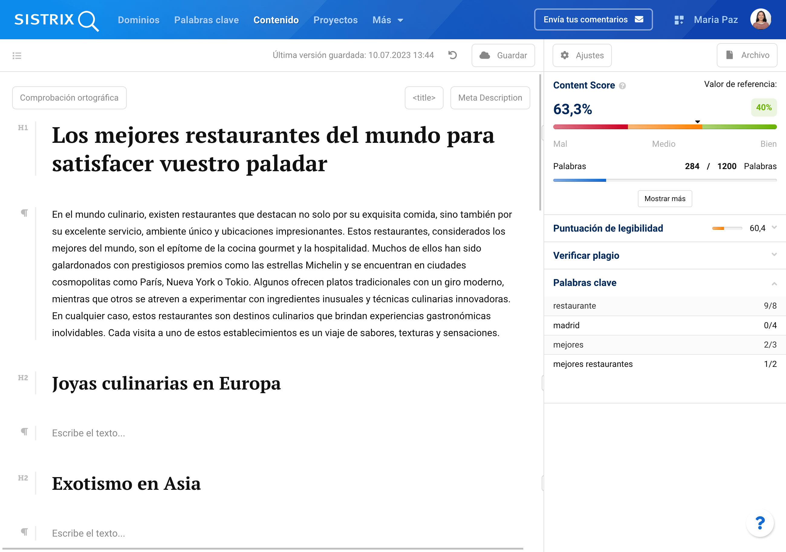 Content Editor herramienta SISTRIX con briefing de los mejores restaurantes del mundo