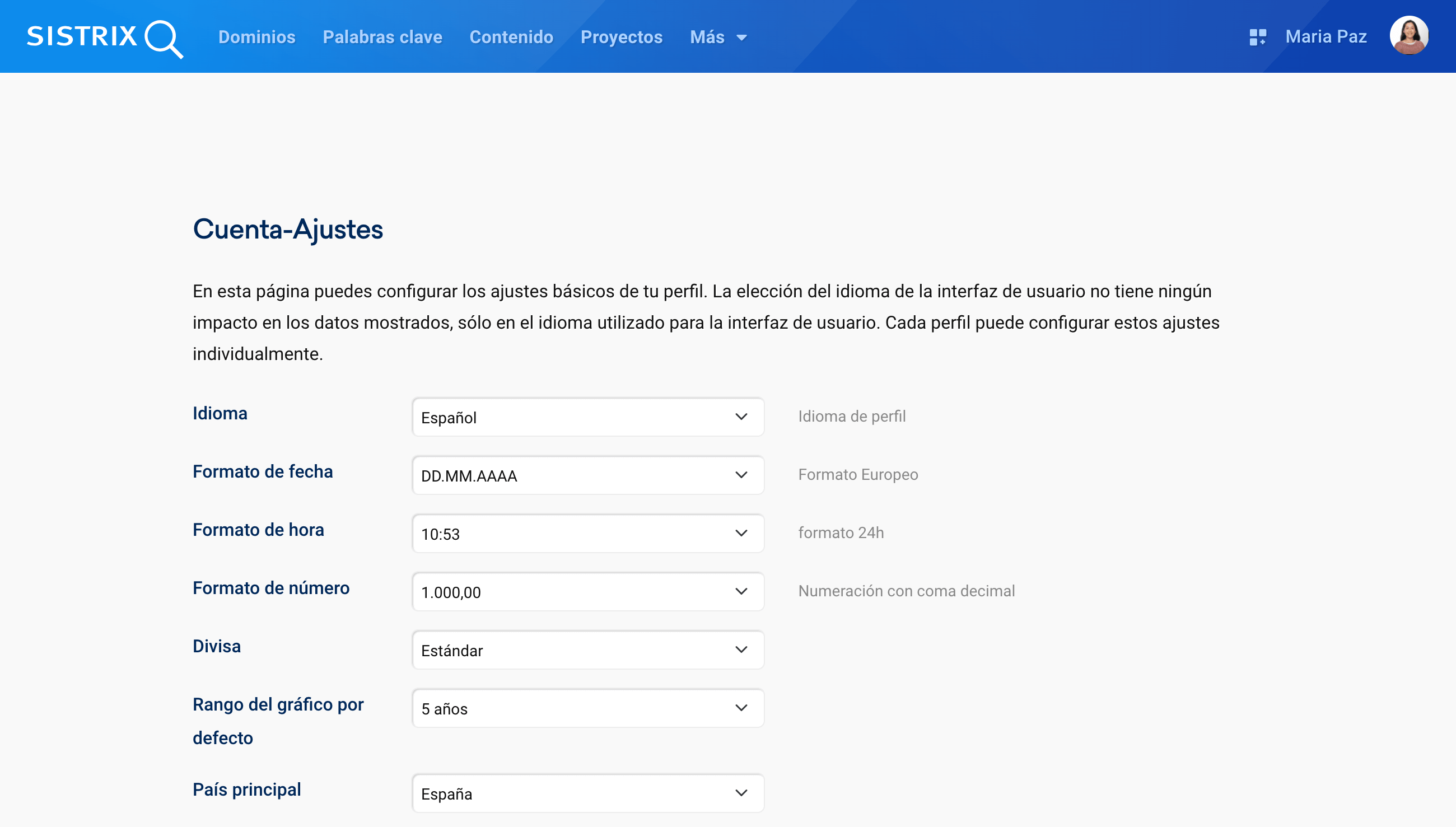 Sección de la herramienta SISTRIX - Cuenta-Ajustes