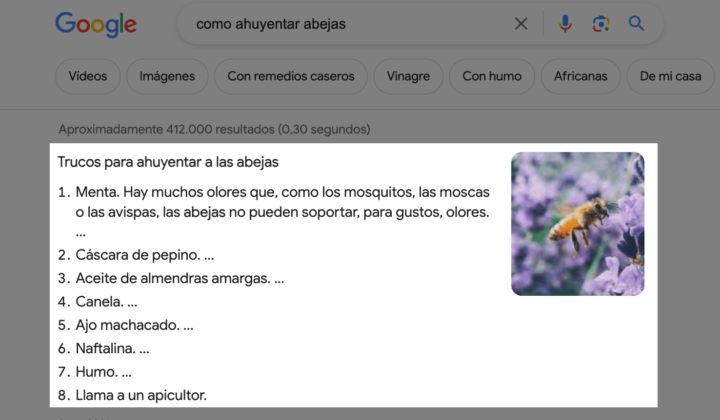 Ejemplo Featured Snippet "como ahuyentar abejas"