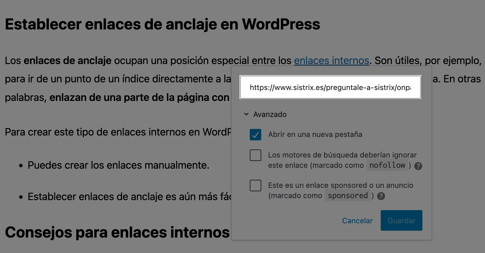 Campo de entrada para agregar una URL en WordPress.
