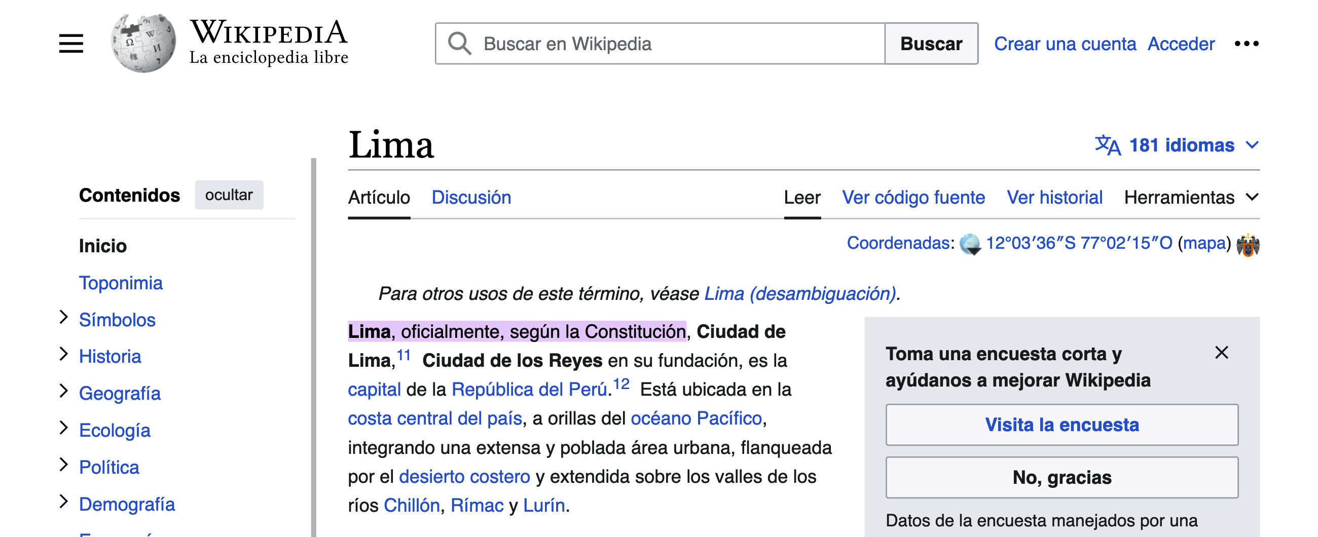 Enlaces de fragmento de texto ejemplo wikipedia.es lima peru