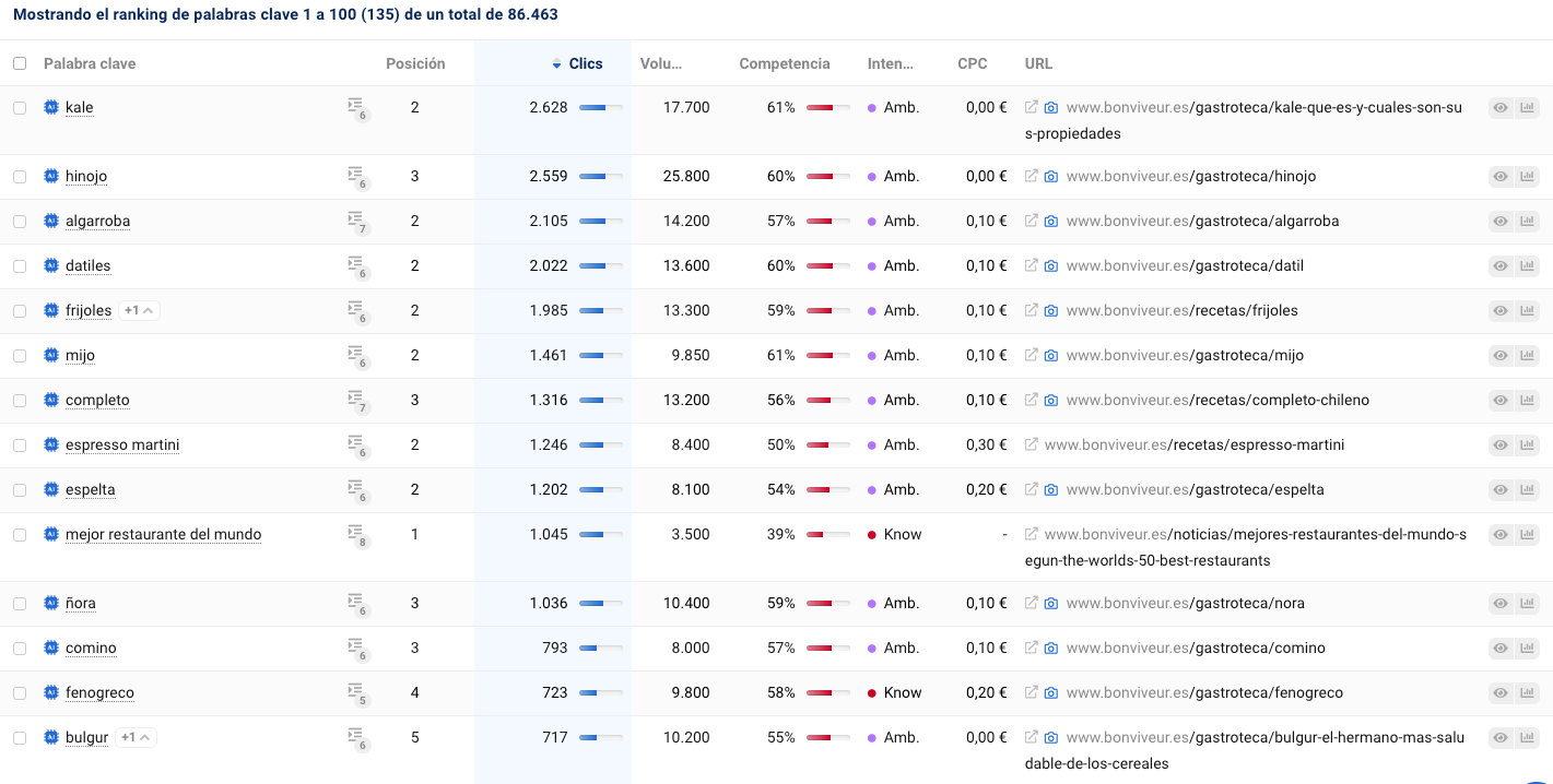 Palabras clave por las que posiciona Bon Viveur y aparecen AI Overviews