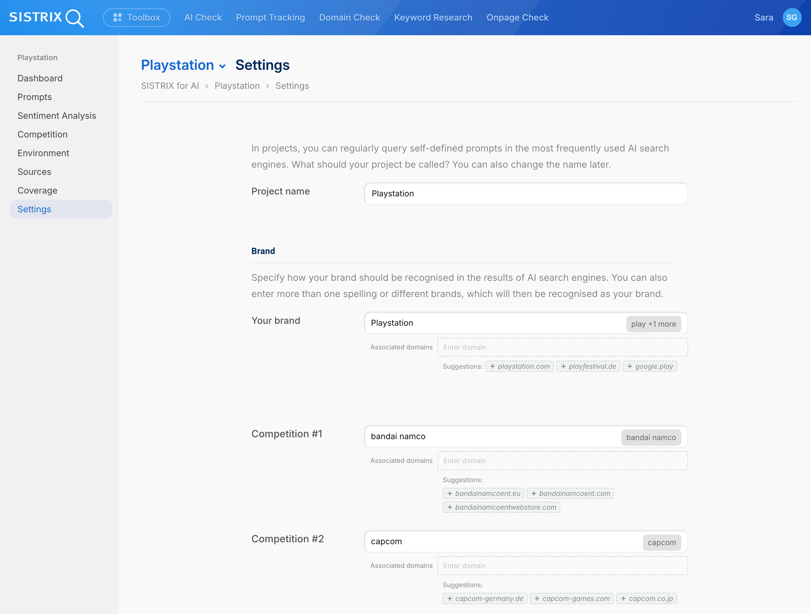 Página de Configuración SISTRIX para proyecto PlayStation: Nombre del proyecto, configuración de marca con dominios asociados y competidores bandai namco y capcom
