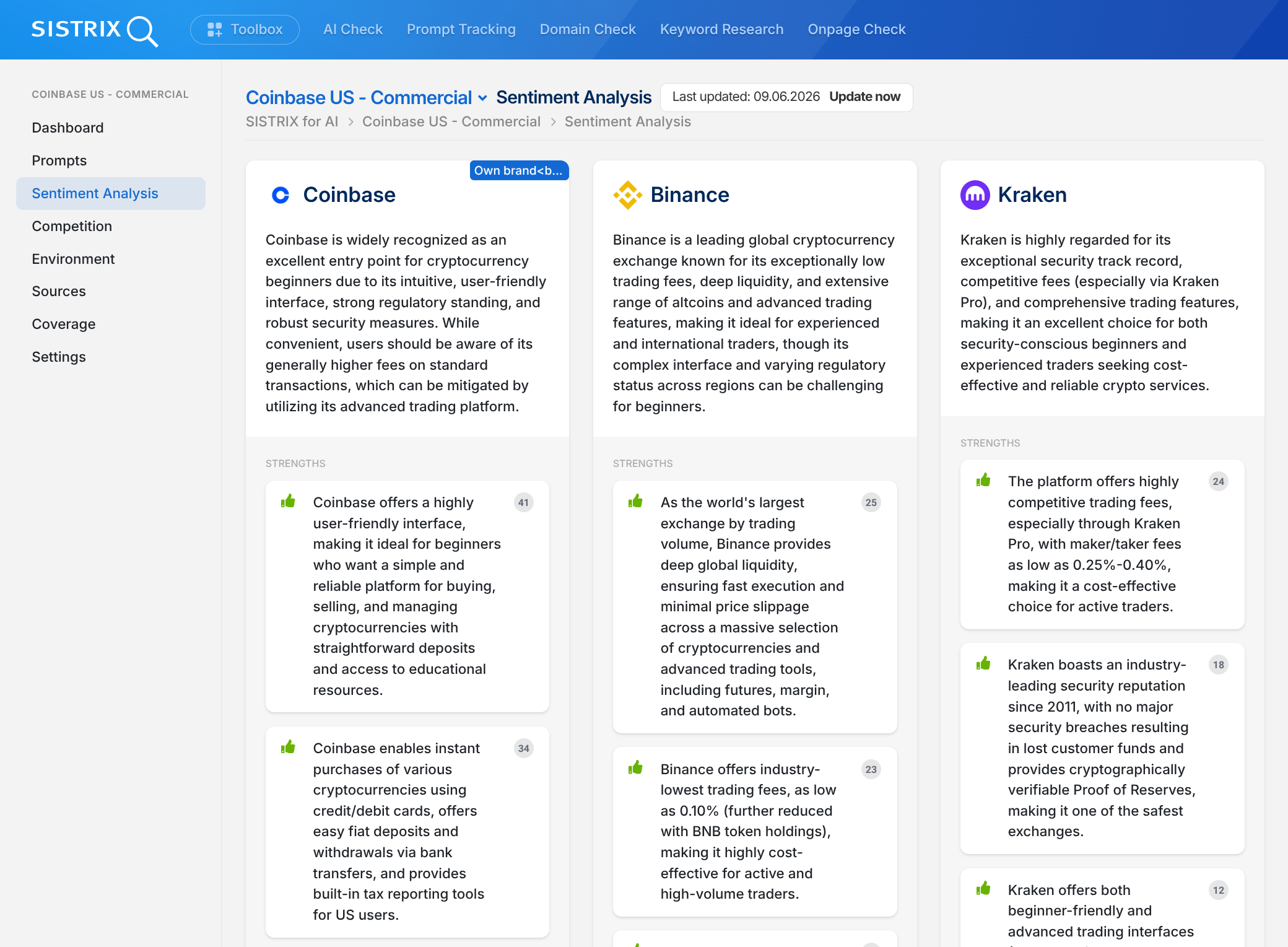 Función de análisis de opiniones en SISTRIX para chatbots.