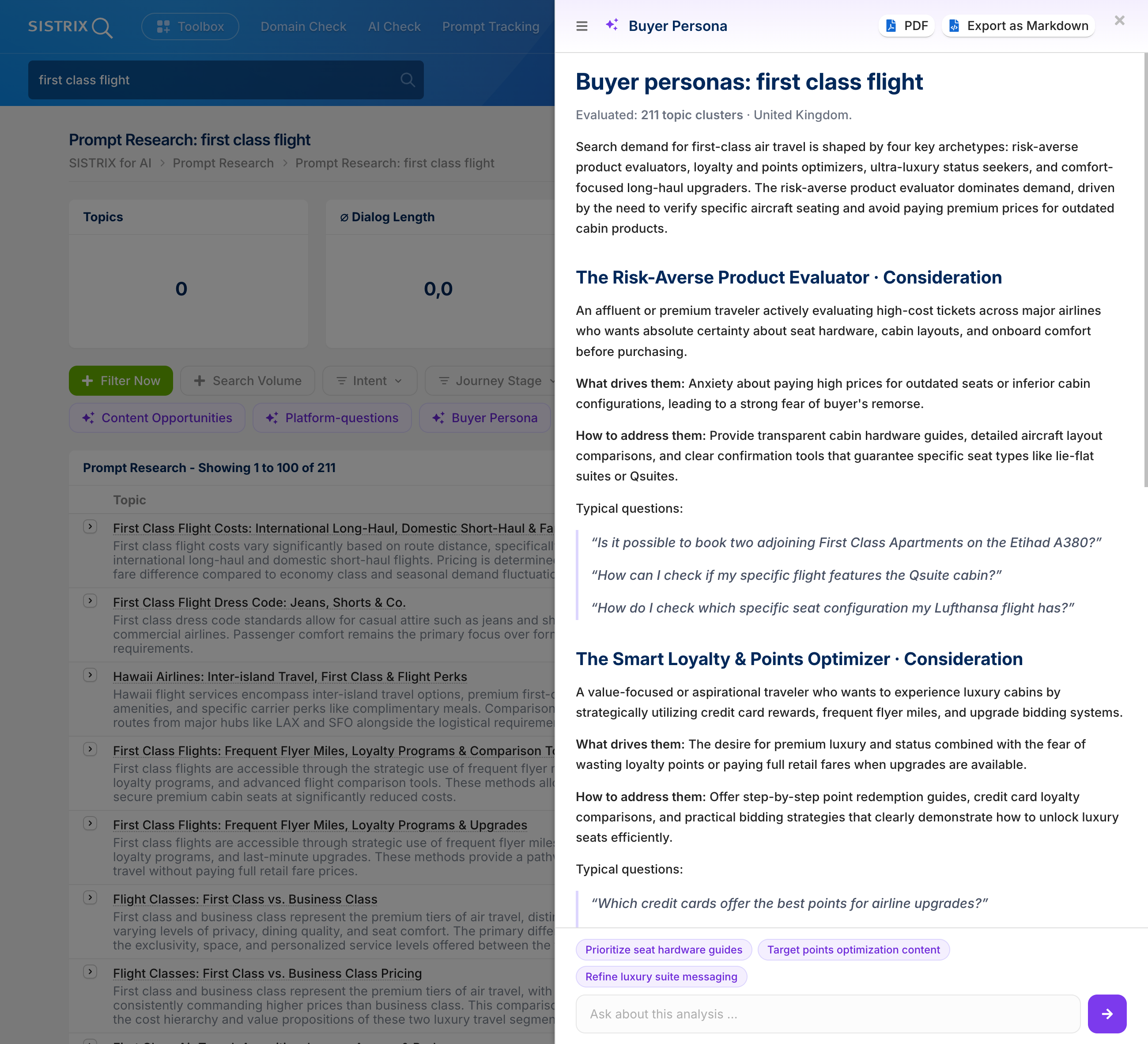Personas interesadas en comprar que han utilizado el término de búsqueda «first class flight» en la herramienta Prompt Research Tool.