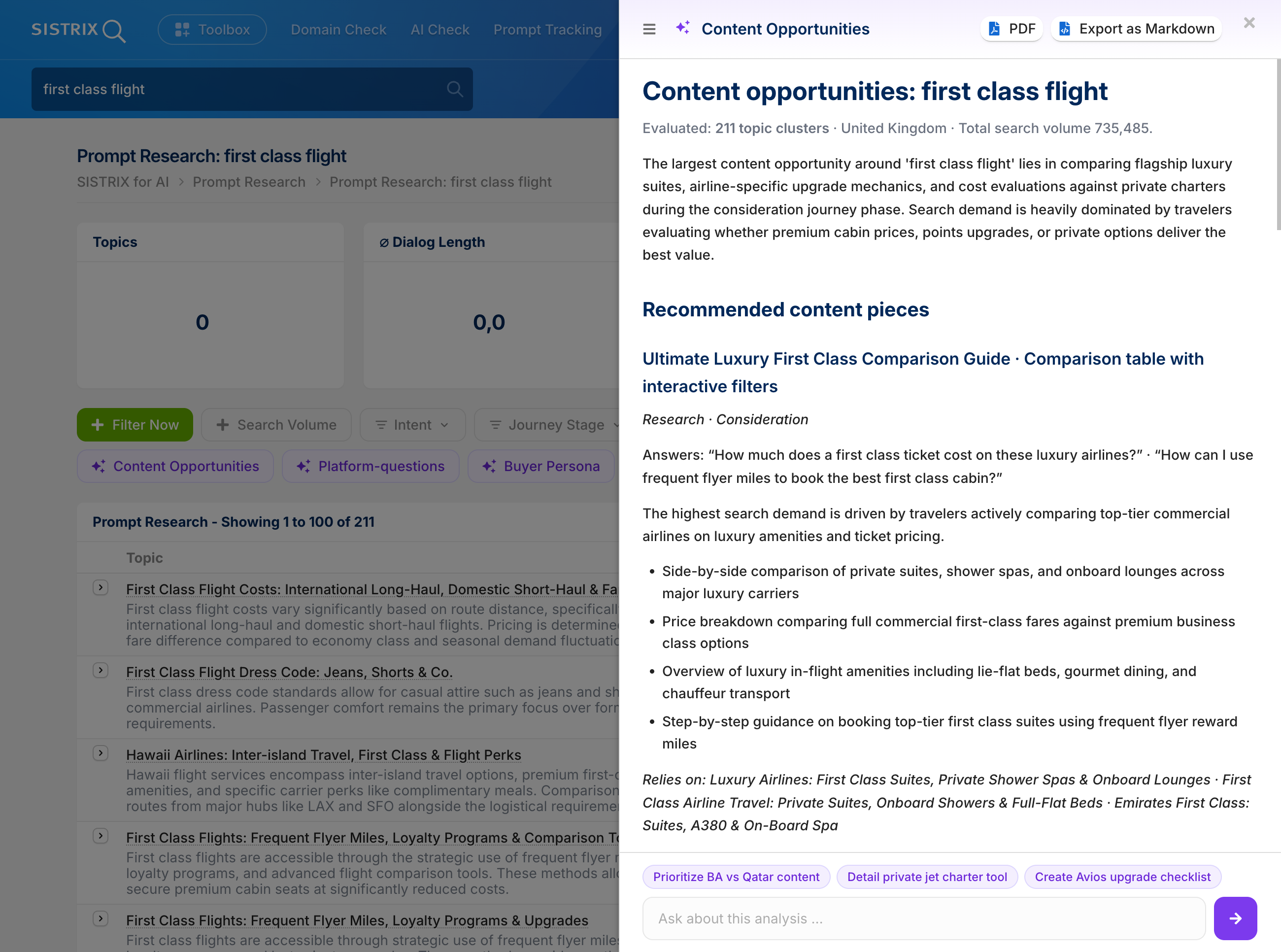 Oportunidades de contenido para el término de búsqueda «first class flight» en la herramienta Prompt Research Tool.