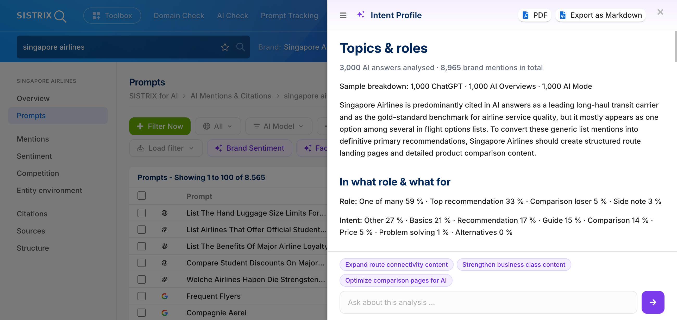 Análisis de temas y roles de «singapore airlines».