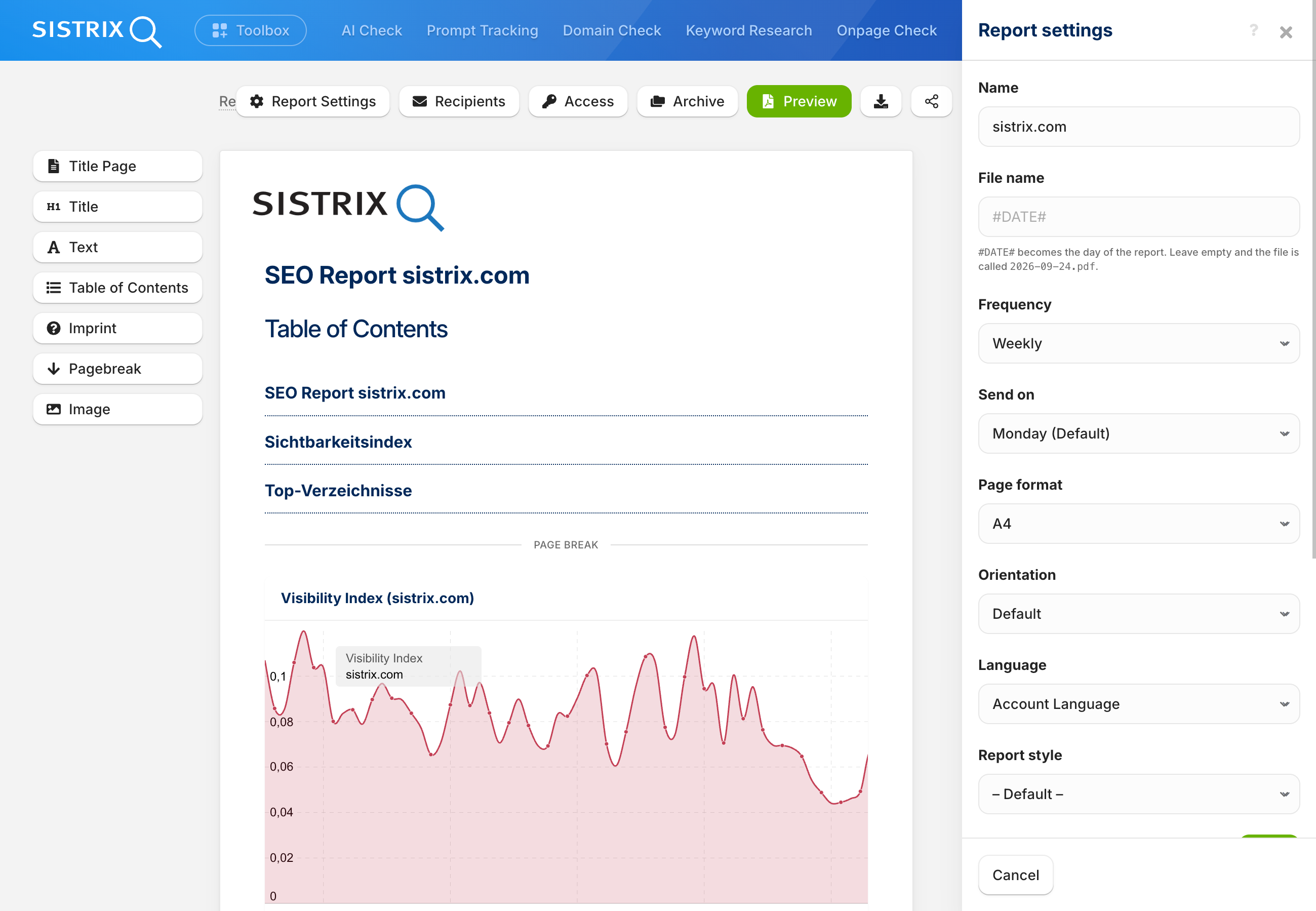 Panel Configuración del informe en el editor de informes de SISTRIX