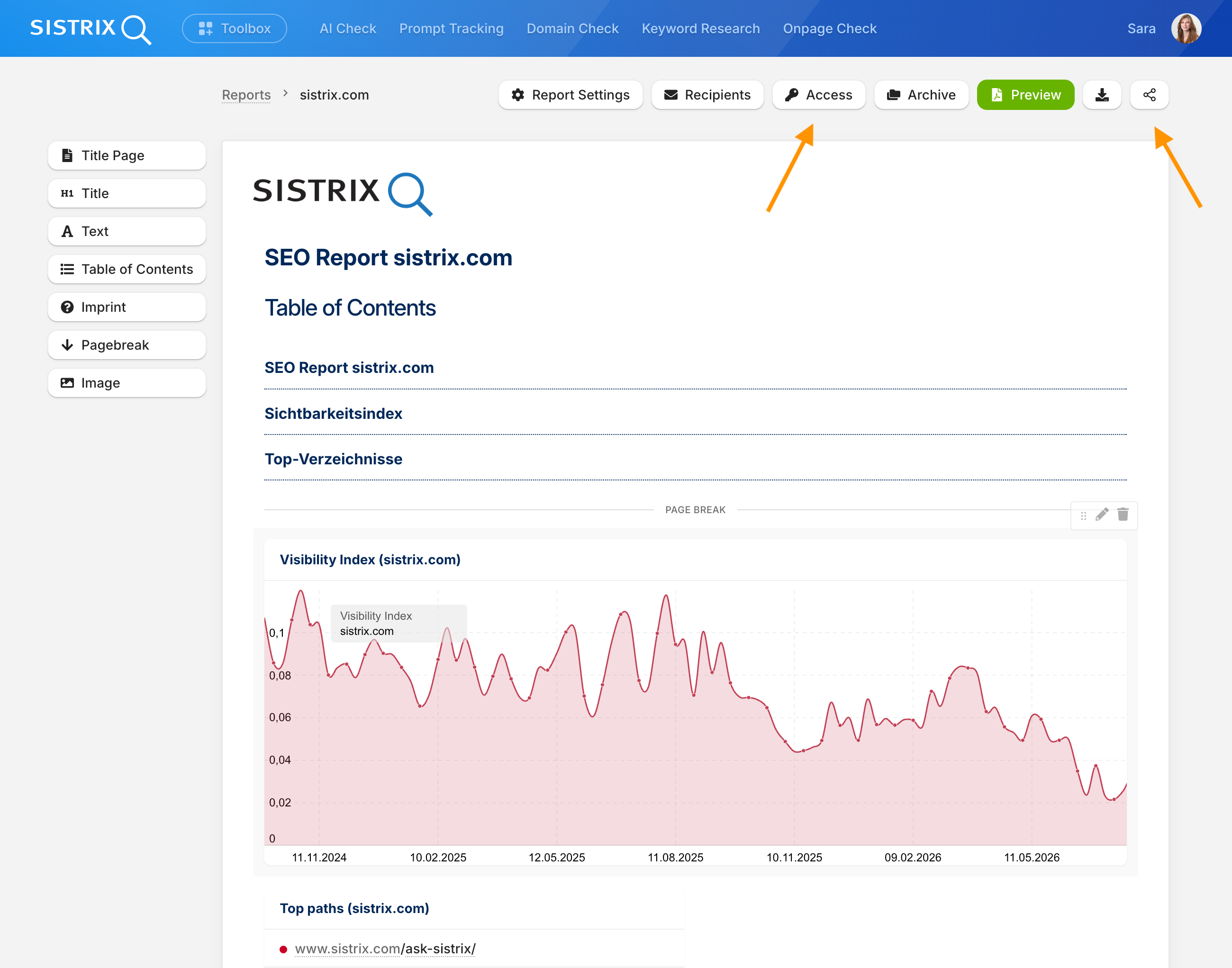 Botones Acceso y Compartir en el editor de informes de SISTRIX