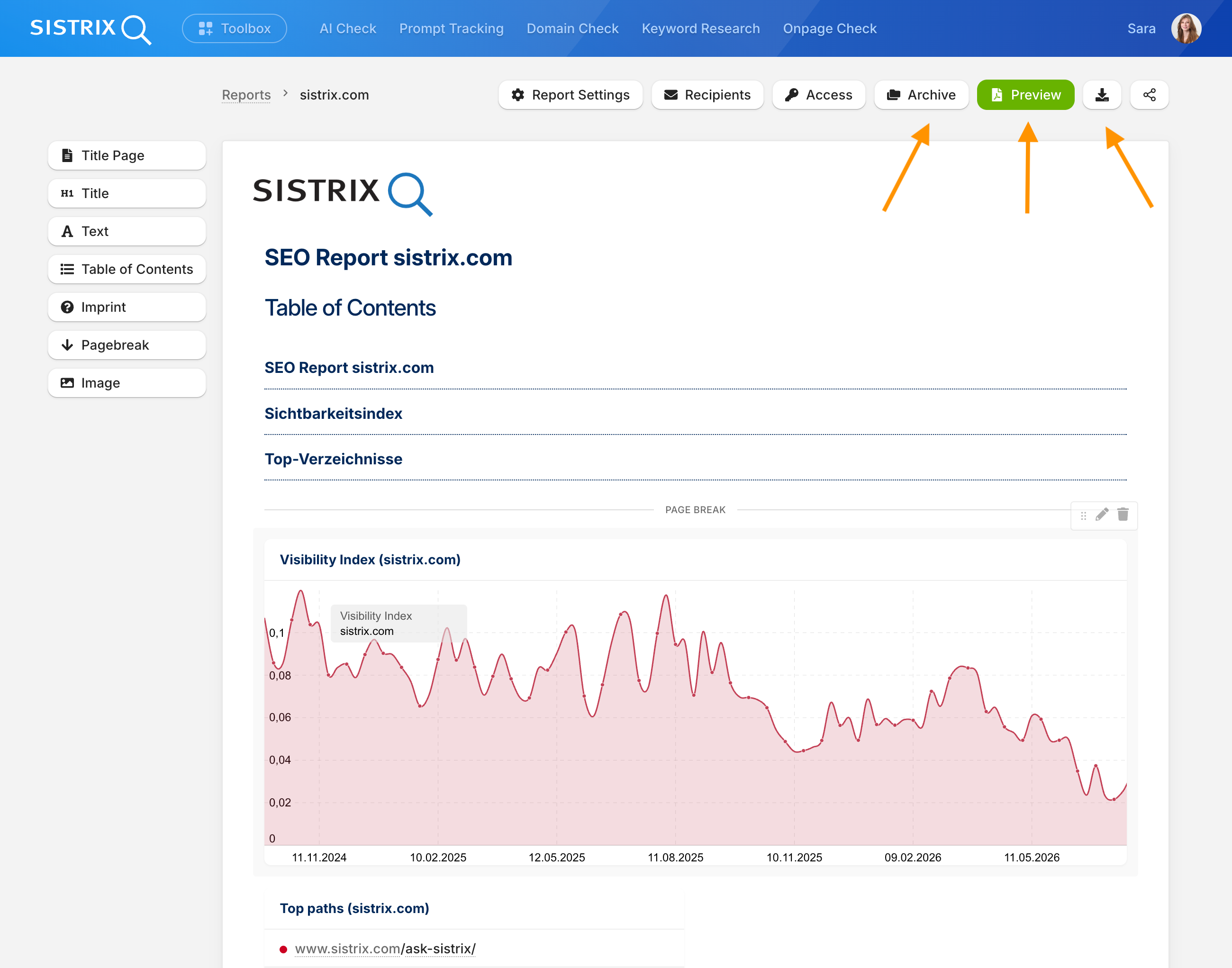 Botones Archivo, Vista previa y Exportar en el editor de informes de SISTRIX