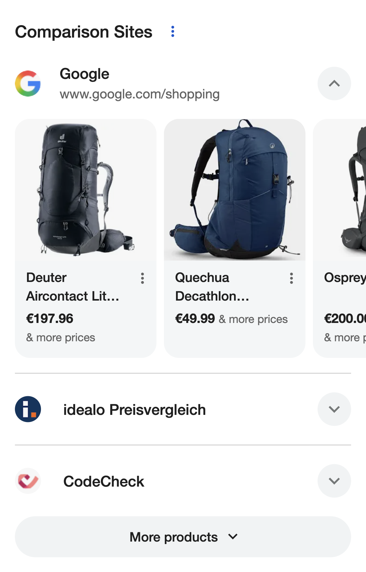 Módulo «Comparison Sites» con Google Shopping desplegado con mochilas, seguido de idealo y CodeCheck